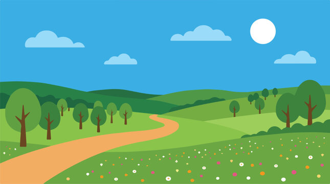 Beautiful spring nature vector background with rolling hills and path