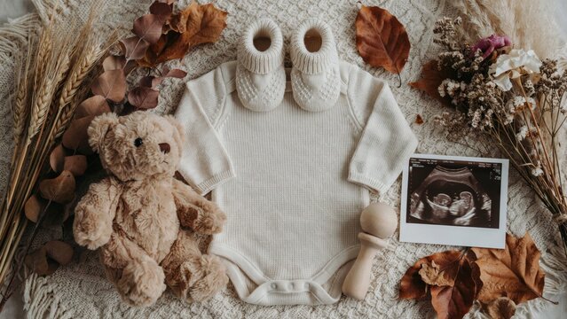 Autumn baby pregnancy announcement flat lay with onesie, ultrasound photo, teddy bear, and dried fall leaves