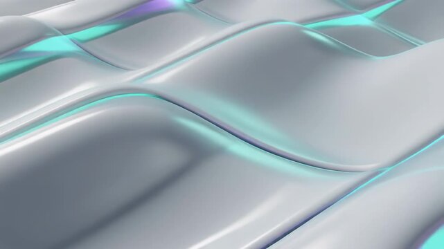 Abstract translucent silver waves with turquoise glowing edges create a smooth futuristic background of layered flowing surfaces, soft reflections, and cool metallic light