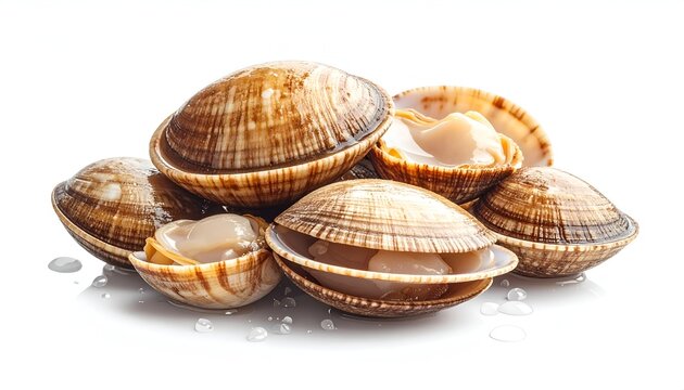 Fresh raw Venus clams and cockles open on the half shell displaying tender juicy mollusk meat on white