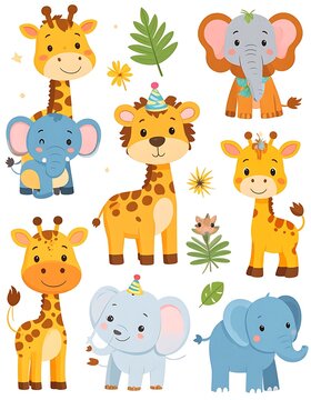 Cute cartoon animals in winter clothing set.