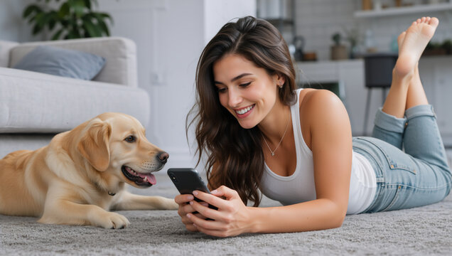 Young woman lying on floor with golden retriever looking at smartphone. Happy female with pet dog using mobile phone at home