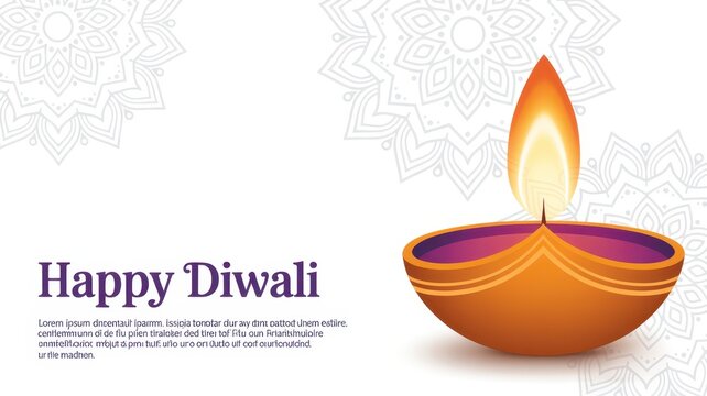 Happy Diwali Minimalist vector illustration of a single orange diya lamp with a bright flame on a soft white background with mandala for Diwali