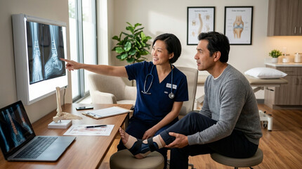 Fototapeta premium Doctor reviews X-ray with patient, discussing leg injury and rehabilitation in clinic