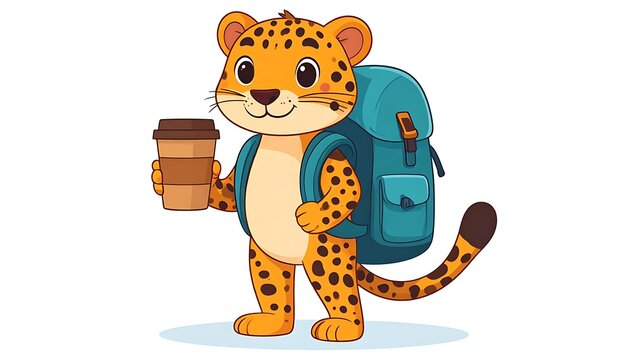 Cute cartoon giraffe carrying a backpack and water bottle.