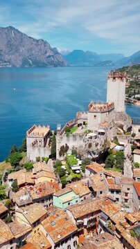 Malcesine Castle and rooftops of the old town, aerial view