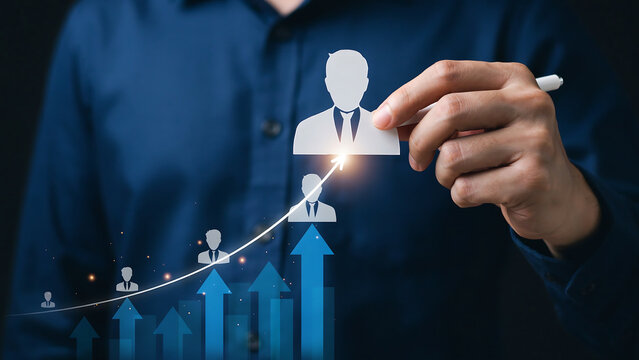 Businessman hand arranging human icon paper cut with growing blue arrow chart