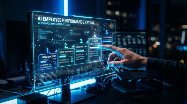 Hand interacting with digital employee performance rating interface