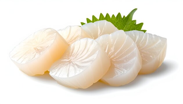 Delicate raw sea scallop slices hotate sashimi served alongside a fresh green shiso leaf on a white backdrop