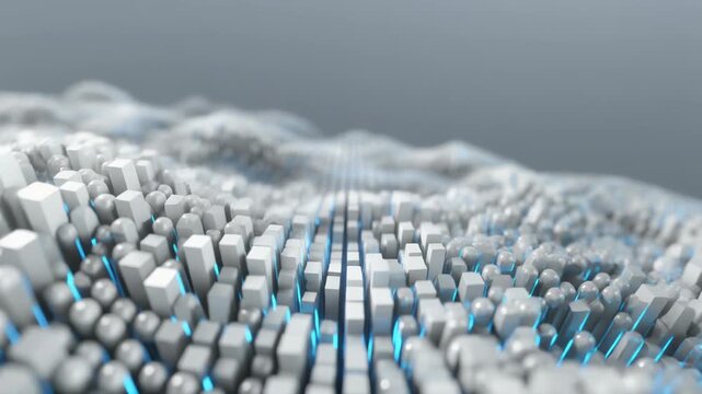 Abstract white and cyan geometric blocks form a flowing digital landscape with repeating rectangular columns and soft depth across a neutral background