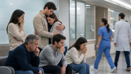 Obraz premium Anxious Relatives Waiting Together in Modern Hospital Hallway