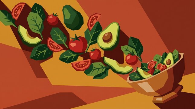 Flat vector illustration of fresh avocado tomato and spinach leaves falling into a wooden bowl