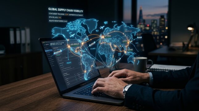 Person works on laptop with global supply chain visualization overlay