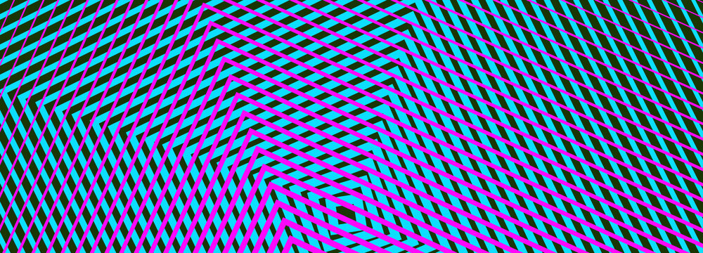 Abstract geometric line pattern, vibrant neon blue and purple moire effect background, psychedelic optical illusion texture for digital art
