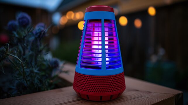 A vibrant blue and red electric pest control device emits a bright purple and blue light on a wooden surface outdoors, with blurred greenery and warm bokeh lights in the background