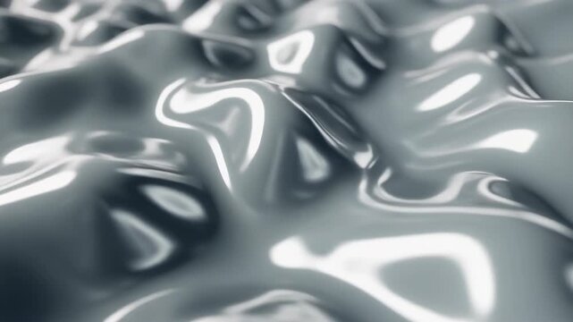 Abstract liquid silver metal surface forms soft reflective waves and fluid folds, creating a polished chrome texture for modern technology, luxury, and futuristic design backgrounds
