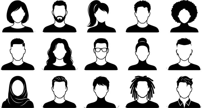 Set of diverse human avatars with various hairstyles and facial features in a simple black and white style