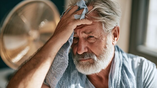 Elderly man experiencing heat stress, wiping sweat from his forehead with a cloth, with a fan in the background, conveying discomfort and the need for relief from high temperatures indoors