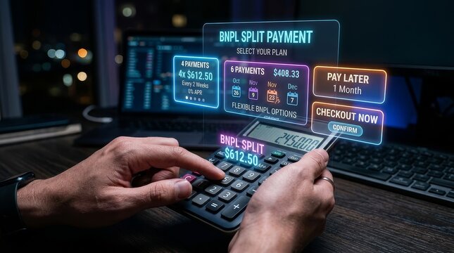 Hands using calculator with BNPL split payment interface
