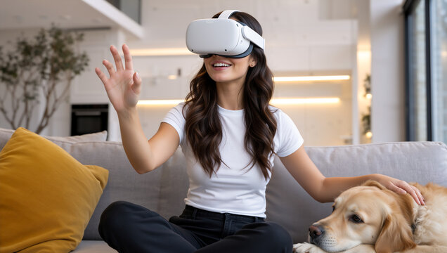 Young woman wearing virtual reality headset on sofa with golden retriever. Female pet owner experiencing VR technology in modern living room