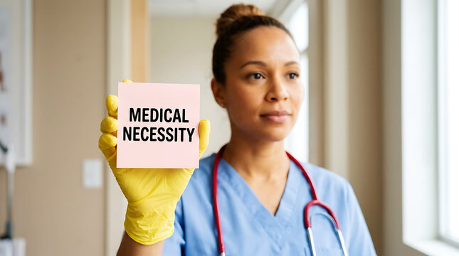 Female doctor holding a medical necessity sticky note healthcare