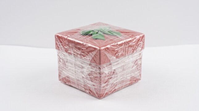 Gift Box Wrapped in Layers of Plastic Symbolizing Delayed Gratification and Inaccessibility on White Background