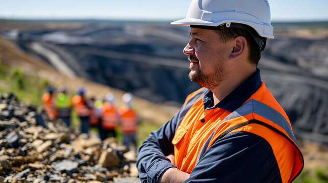 Surface mining operations safety supervisor in hard hat surveying vast open cut terrain with community volunteer group wearing high visibility vests clustered near reclamation planting site in busy 