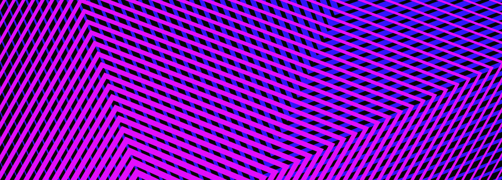 Abstract geometric line pattern, purple and blue neon gradient background, futuristic digital texture with diagonal stripes and optical illusion effect