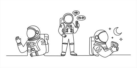 Three astronauts in space suits doing different activities including waving talking on a phone and taking a photo in a simple black and white line art © Next to Work
