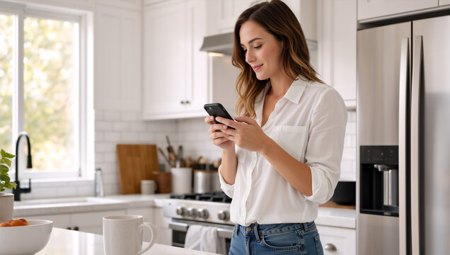 Young woman using smartphone in modern white kitchen. Happy female in white shirt looking at mobile phone near kitchen island