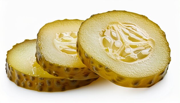 slices of pickle or pickled cucumber isolated white background