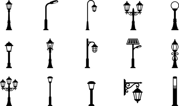 Set of black silhouette icons representing various styles of street lamps and outdoor lighting fixtures for urban design