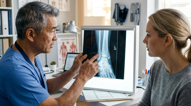 Doctor shows patient ankle xray for diagnosis and treatment in clinic