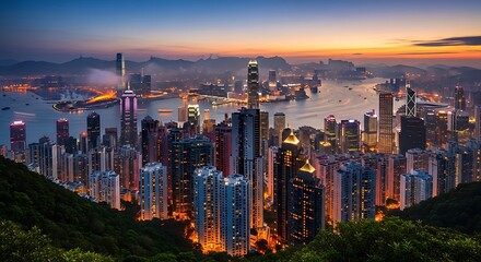 Naklejka premium Panoramic city skyline at dusk with glowing skyscrapers and harbor