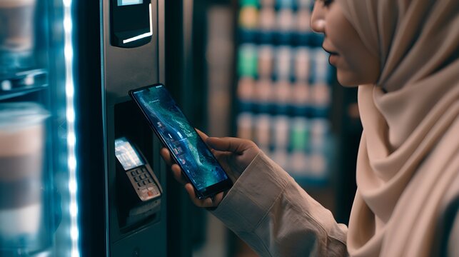 Muslim woman using smartphone for contactless payment at vending machine, digital mobile wallet transaction, modern NFC technology