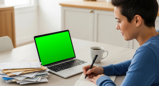 A focused young woman with short hair works from home at a bright desk, writing in a notebook while looking at a laptop computer with Green Screen Display next to a large stack of paper mail.