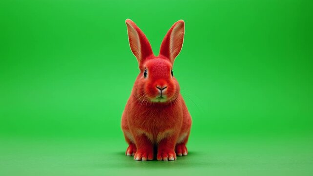 Fluffy red rabbit rotating on a green screen background with subtle cinematic lighting