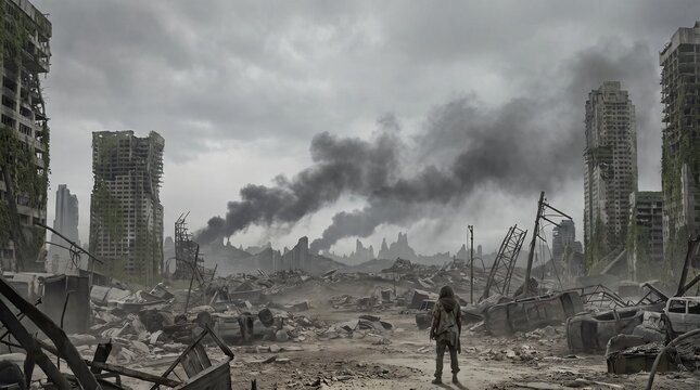 Lone survivor in a ruined city landscape. Post-apocalyptic world with smoke and debris.