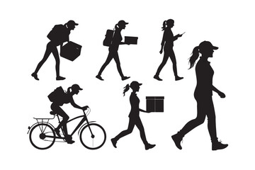 Obraz premium Silhouettes of delivery women with packages and a bicycle isolated on white background