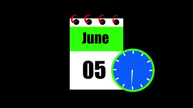 June month 05 date calendar icon animation. Animated Calendar Icon Showing Date Change with Clock Symbol Appointment Scheduling and Deadlines. Modern design calendar symbol background 4k video.