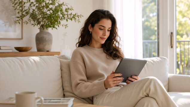 Young woman using digital tablet on white sofa. Happy female browsing online in bright modern living room. Leisure and technology concept