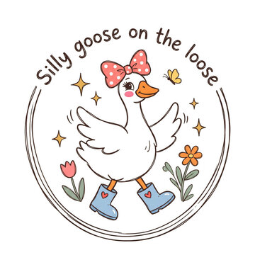 Cute silly goose illustration with a bow and boots for kids design featuring flowers and stars in a circular frame style isolated on transparent background
