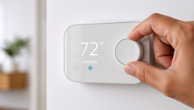 Close up of hand adjusting digital thermostat on wall. Person setting temperature to cooling in smart home. Air conditioning and climate control concept