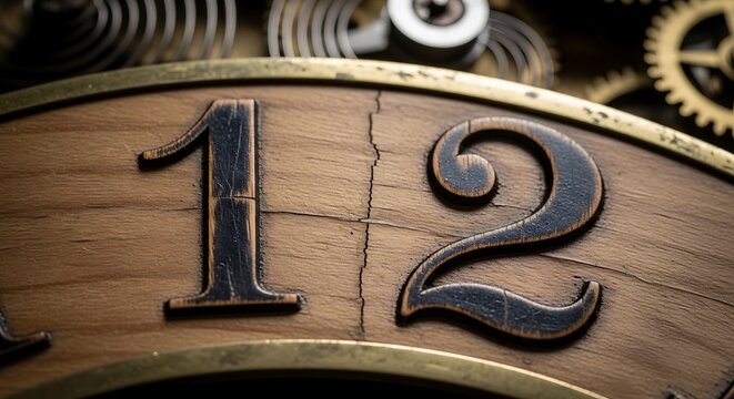 Vintage clock face showing twelve o'clock. Antique wooden dial with metal gear mechanism.