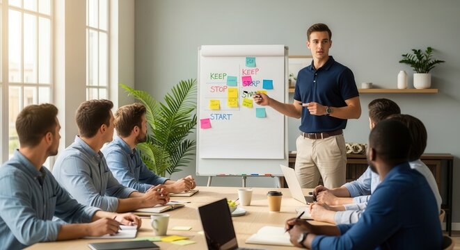 A professional team leader presenting a keep-stop-start brainstorming session with sticky notes on a flip chart during a collaborative business meeting in a modern office workspace.