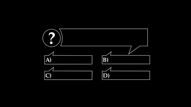 Animated quiz question box layout with multiple choice options A, B, C, and D on a black background, ideal for trivia, education, exam, knowledge test, or video games.