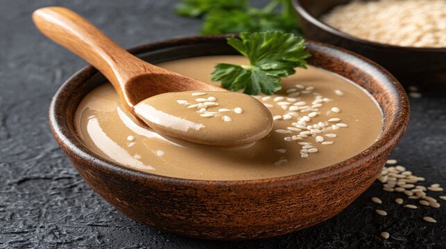 Rich, creamy, and flavorful Middle Eastern-inspired paste, perfectly balanced with a hint of toasted seeds, presented in a rustic wooden bowl with a matching spoon, ready for culinary use