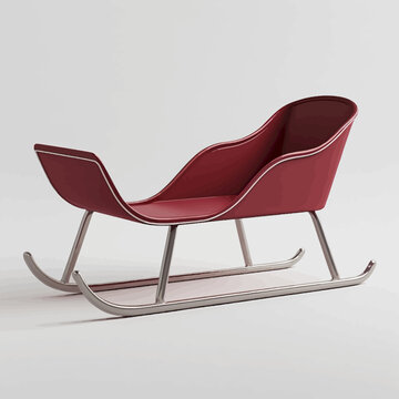 Empty red sleigh with metal runners on a plain background.