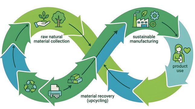 An infinity loop diagram illustration showcasing circular economy principles and environmental sustainability.
