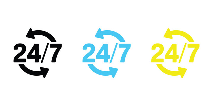 24 7 icon, simple vector symbols featuring nonstop service, 24 hour availability, customer support, UI design, and business concepts.